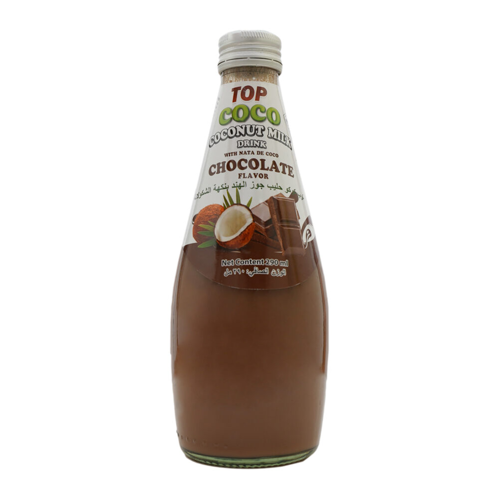 Coconut milk flavored with chocolate with coconut pieces