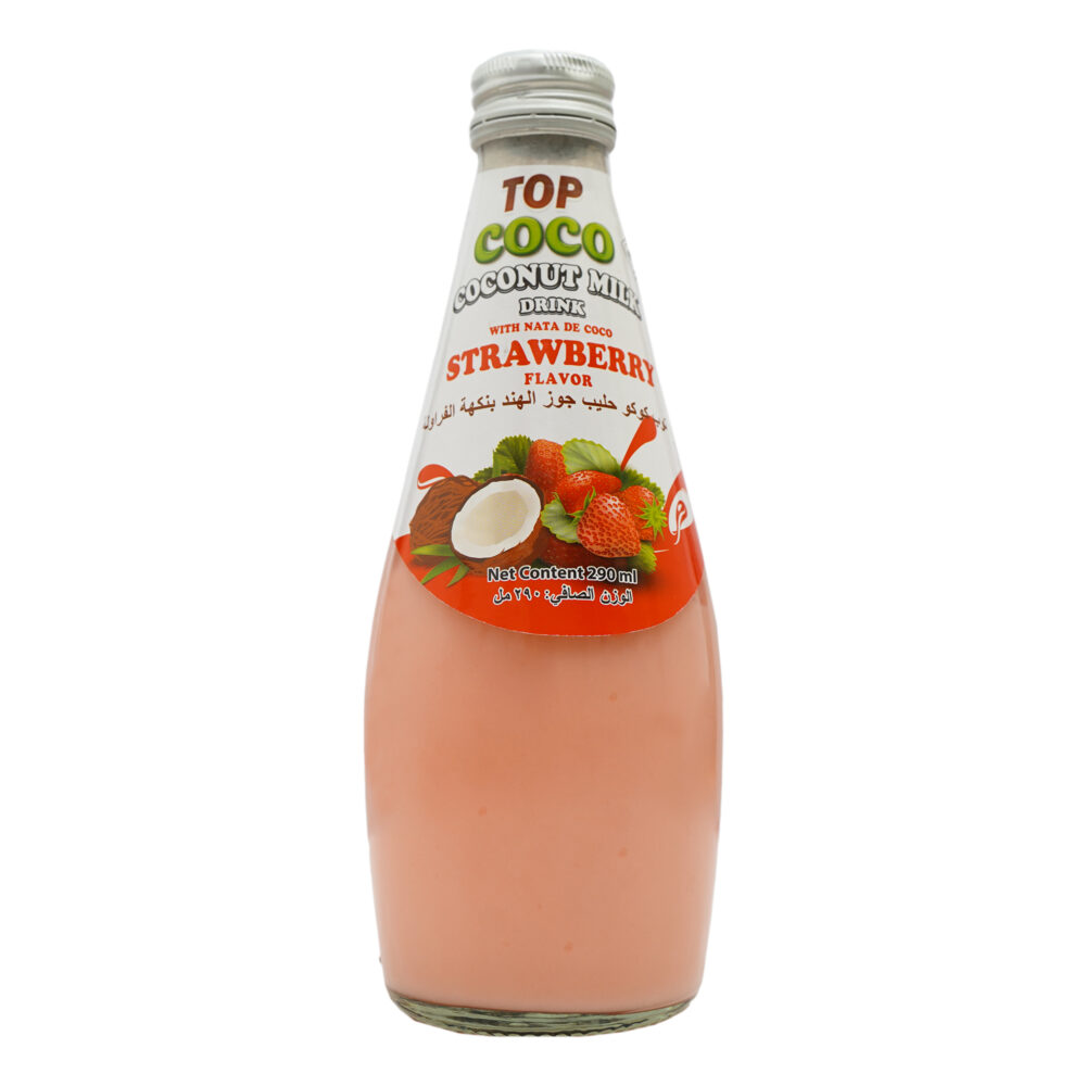 Coconut milk flavored with strawberry with coconut pieces